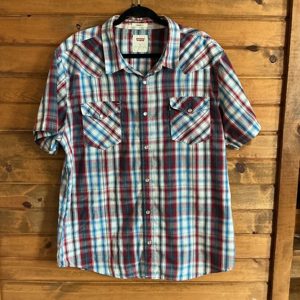 Levi's Men's Plaid Button Down Shirt in Red, Blue, and White